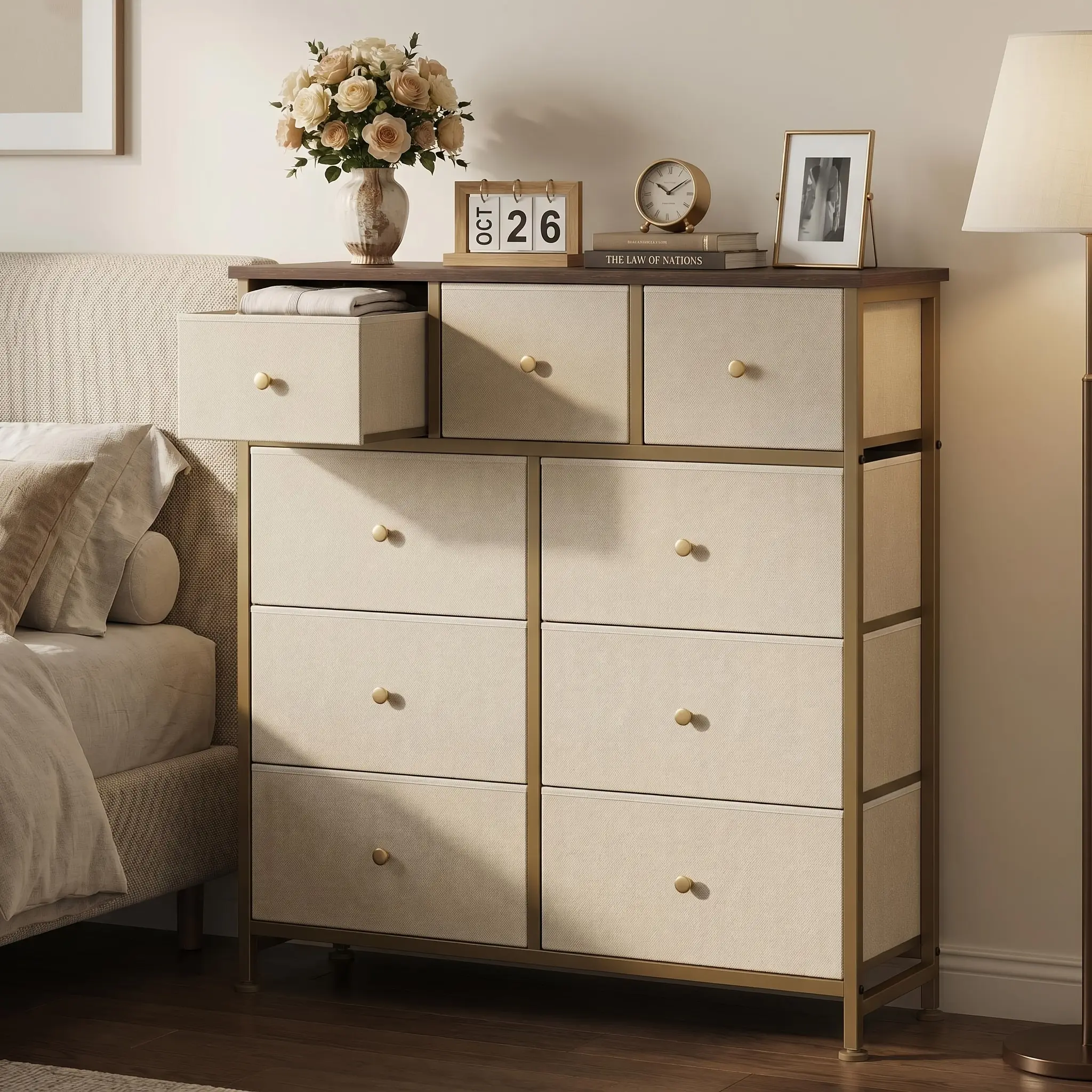 7/9 Drawer Fabric Dresser with Solid Wood Top, Tall Storage Chest for Bedroom, Living Room & Entryway, Multipurpose Tower Cabinet Hallway Organizer