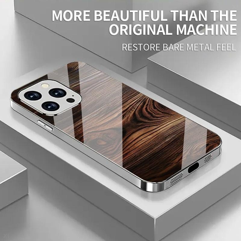 Wood grain pattern design, electroplated glass phone case, suitable for iPhone 17 16 15 14 13 12 11 pro max