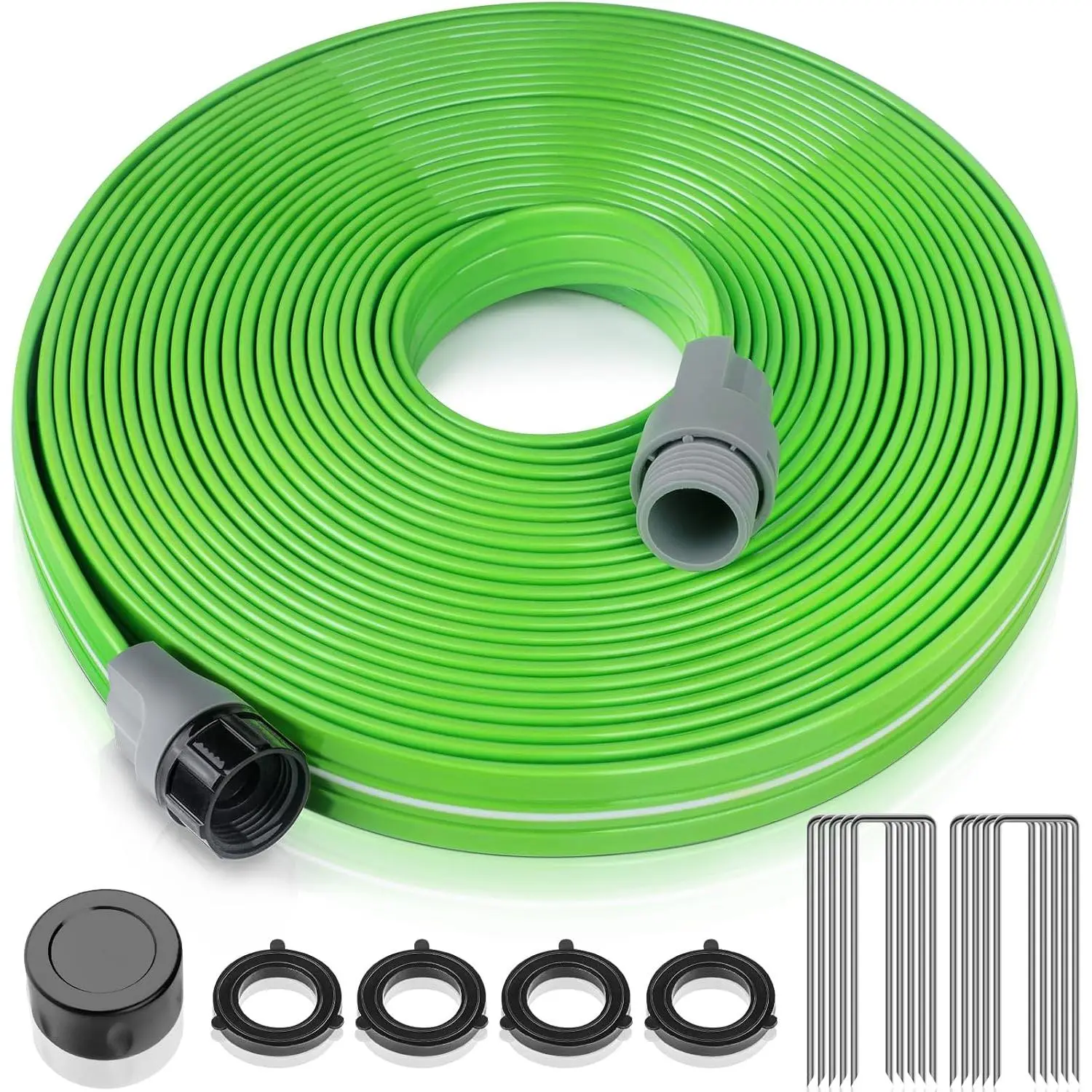 Heavy Duty Sprinkler Soaker Hose 25 FT, Flat Garden Hose with Holes, Efficient Flexible Irrigation Hose for Yard, Lawn and Garden, Includes Stakes