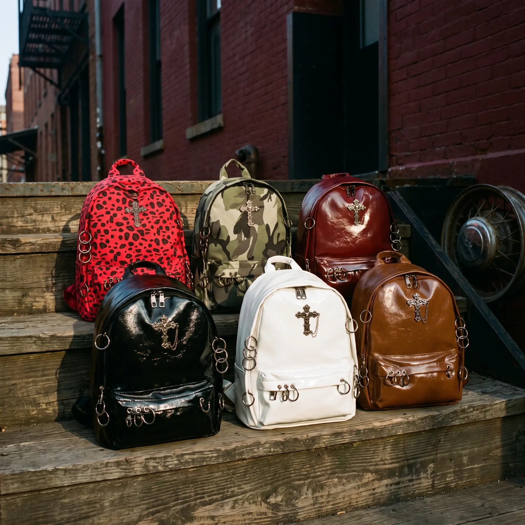 Alt Aesthetic Punk Cross Backpack,Retro leopard-print backpack, White PU Leather Vintage Rucksack with O-Rings Dark Coquette Large Capacity School Bag Trendy Y2K Commute Work Travel Daypack