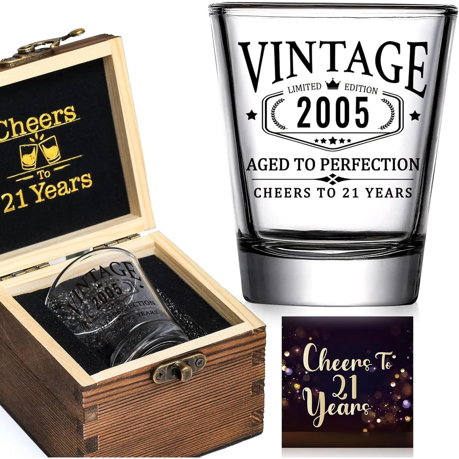 21st Birthday Gifts for Him Her - Limited Edition Shot Glass with Wooden Box -  2005 Cheers To 21 , Finally 21 Party Decorations Supplies - Turning 21 Bday Present for Men