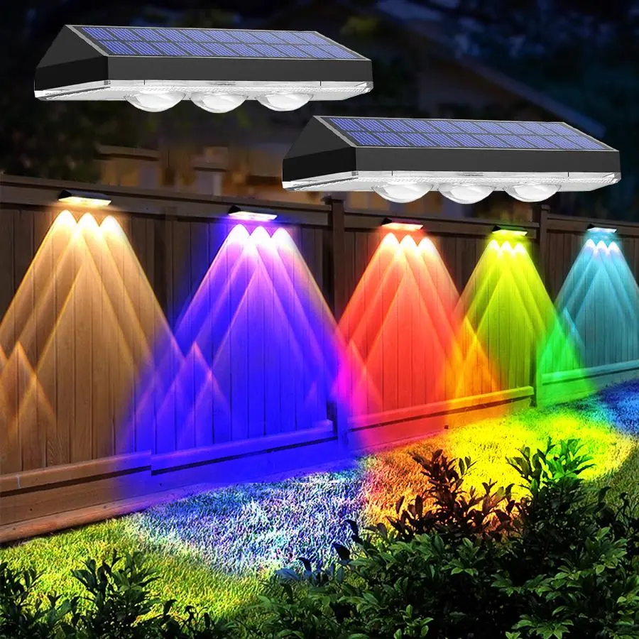 2 Counts Outdoor Solar Lights LED Wall Lights, 3LED Colored Solar Fence Lights, 9 Lighting Colors for Garden Decoration, Swimming Pool, Terrace, Corridor, Festival Decoration Party Decoration