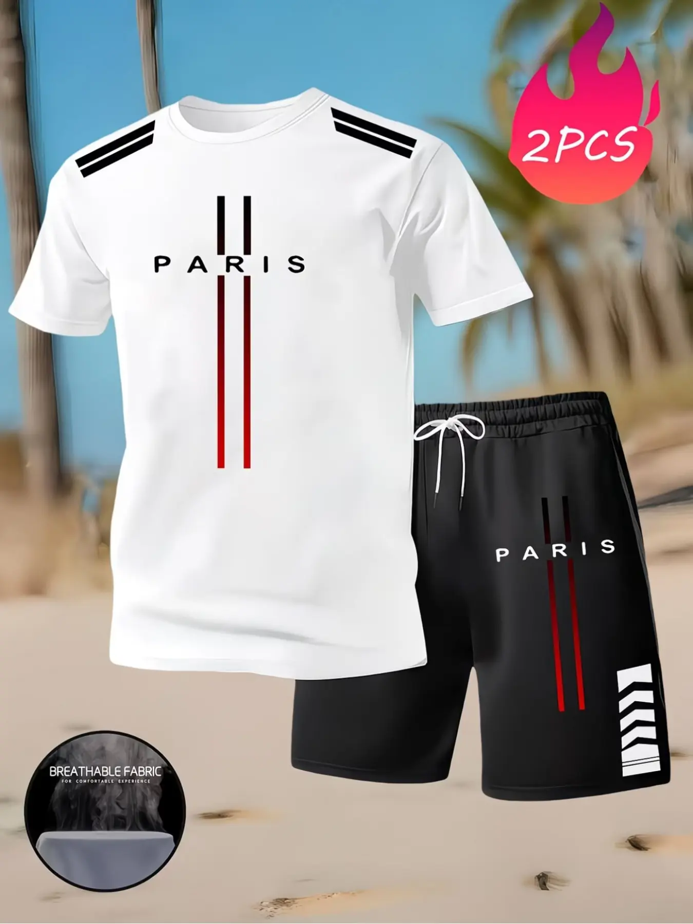 Summer New Paris Letter Print Men's Round Neck Short Sleeve T-Shirt, Breathable Fashion Casual Matching Shorts Set, Versatile Home Two-Piece Menswear Outfit