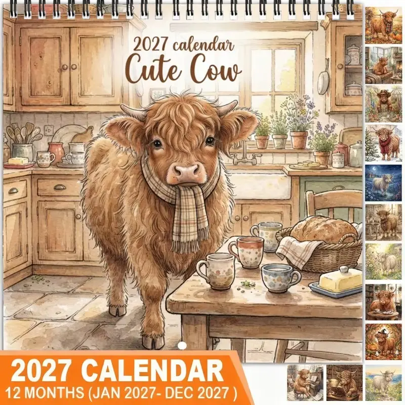 2027 Wall‑Hanging Planner Calendar, Cute Cow Kitchen Roll‑Up Calendar, Large Date Print, Gift for New Year & Holidays