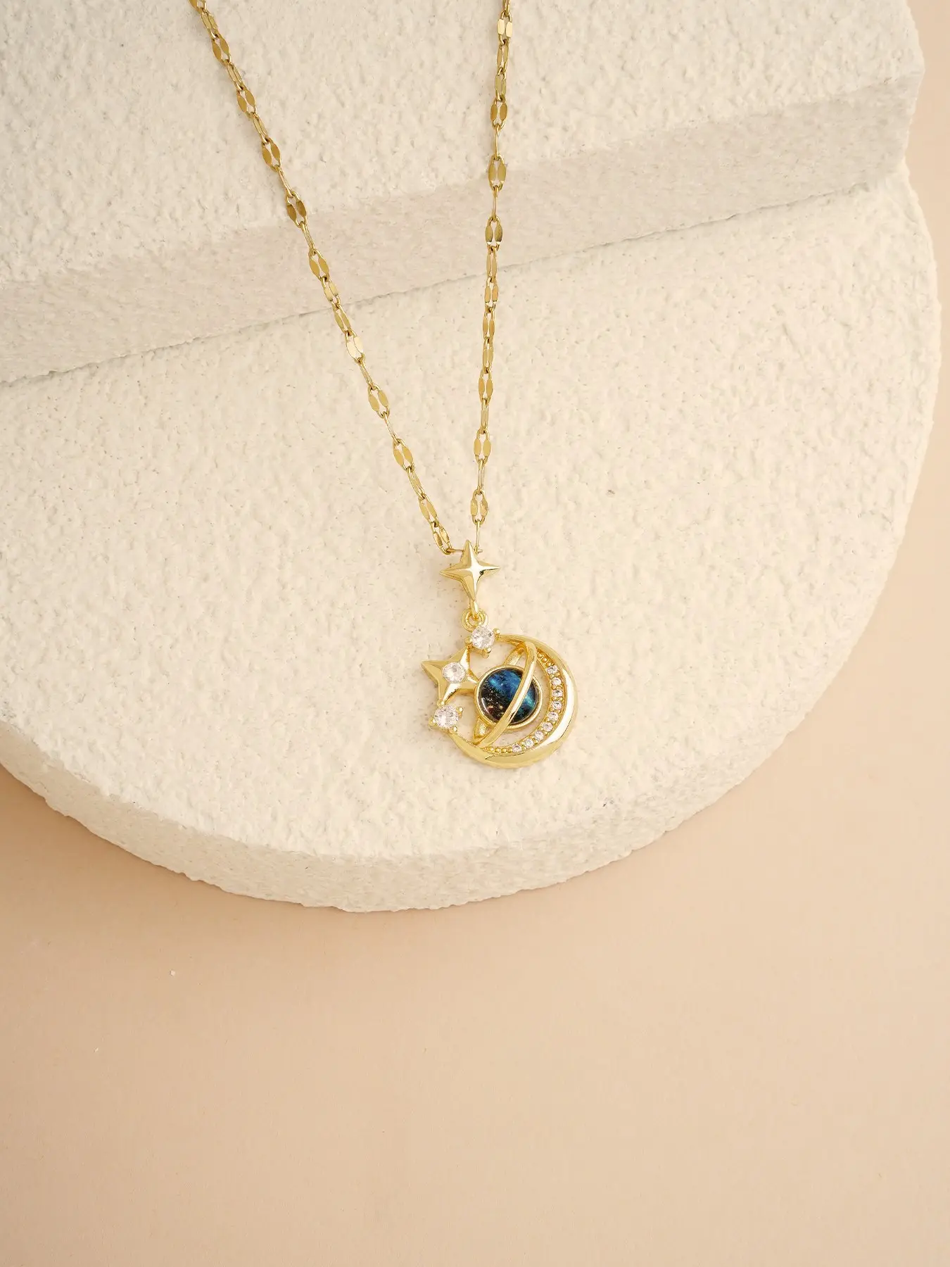 18K Gold Plated Planet Star Moon Necklace for Women, Blue Crystal Saturn Pendant Cubic Zirconia Starry Sky Choker Necklace Dainty Stainless Steel Celestial Jewelry Gift for Her