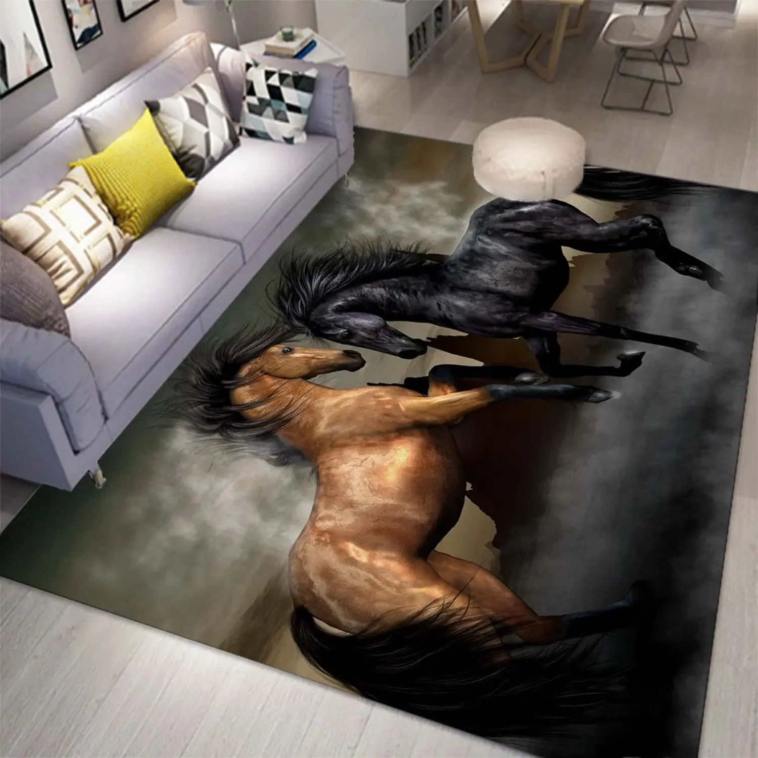 2 Galloping Horses Motif Large Area Rug - Dark Mist Background, Brown-Black Art Print, Non-Slip, Multi-Size, Single-Piece Indoor Floor Rug with Luxury Look for Living Room Decor, Bedroom Home Decor
