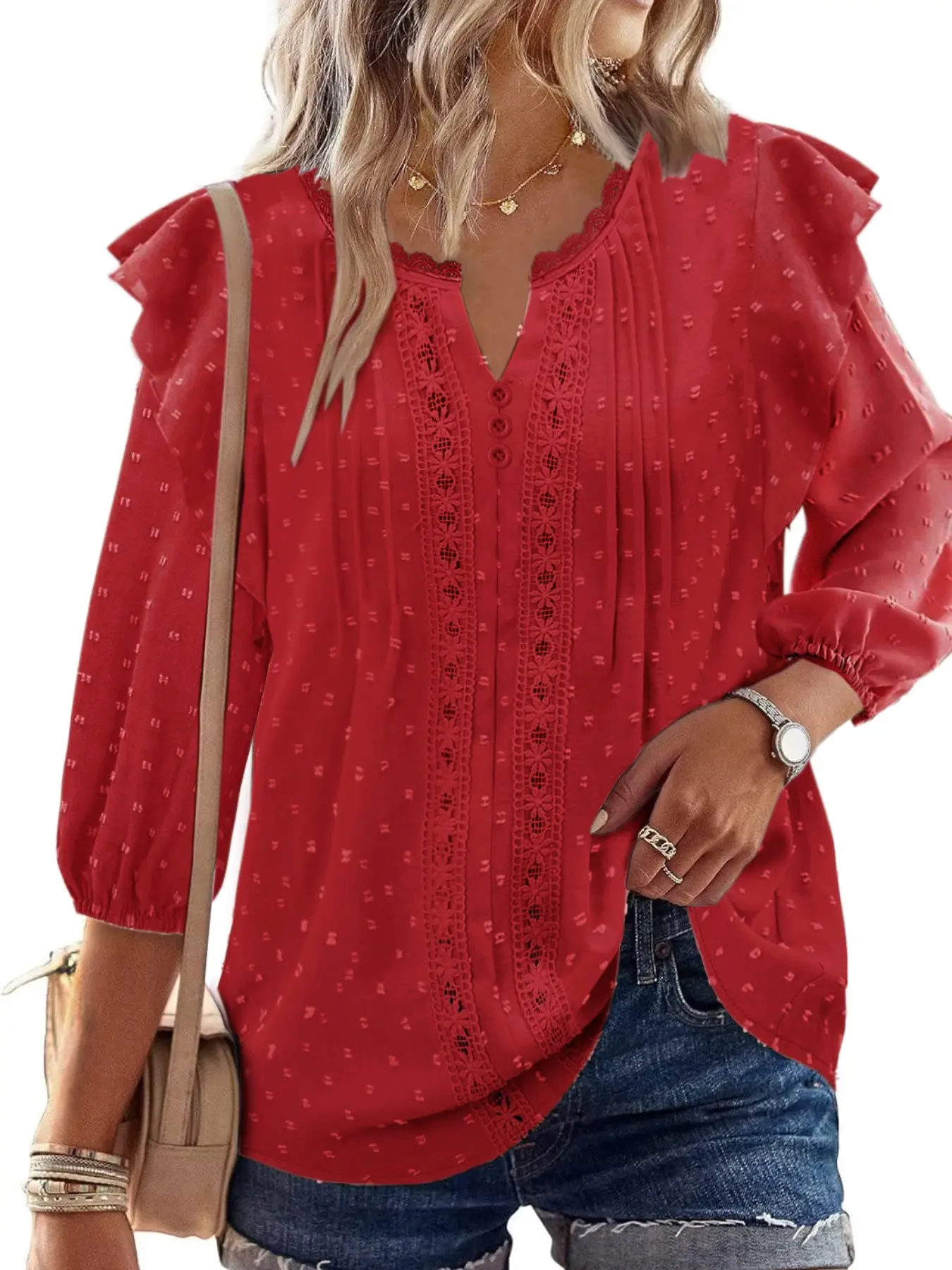Women's Ruffle Shoulder Blouse Top, Cottagecore Style, Boho, V Neck, Three Quarter Sleeves, Casual Long Shirt, Spring & Fall Fashion