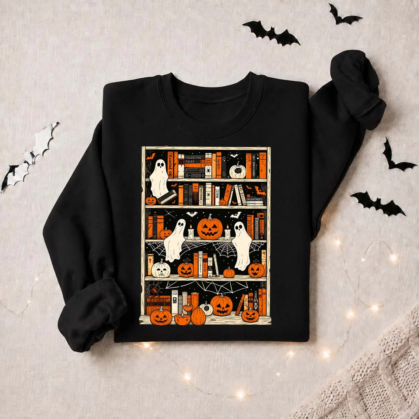 Women’s Halloween Ghost & Pumpkin Bookshelf Crewneck Sweatshirt - Minimalist, Cozy Fabric, Relaxed Silhouette, Machine Wash Spooky Library Long Sleeve Fall Top for Book Lovers, Halloween Parties, Seasonal Gifts, Soft Material