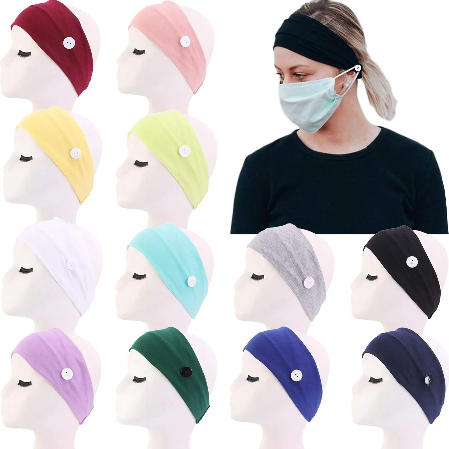 12 Pack Wide Headband with Button Elastic Turban Hair Band for Women | Yoga  Wraps |  Hairband | Stretchy Headband | for Girls Women Nurse and