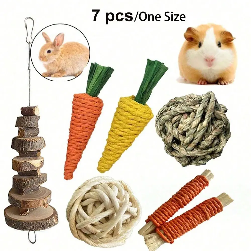 Multi-Style Handwoven Grass Chew Toy Set, Pet Grinding Toys for Rabbits, Hamsters and Other Small Pets. Daily chewing helps grind teeth and remove dental plaque, relieves pets' boredom. Bite-resistant, great for daily use and pet gift giving