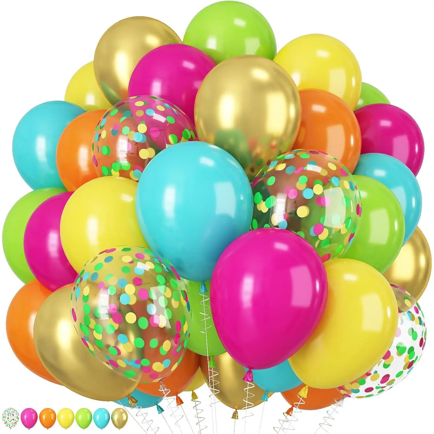 Tropical Balloons, 60 PCS 12 Inch Hawaiian Balloons, Hot Pink Orange Teal Yellow Green Gold Colorful Confetti Balloon for Summer Birthday Shower Tropical Aloha Luau Pool Theme Party Decorations