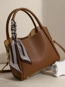 Women's Elegant Lychee Pattern Handbag with Twilly Scarf Decor, Trendy Versatile Crossbody Bag, Fashionable Shoulder Bag for Daily Use