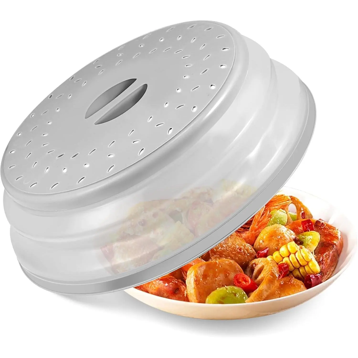Large Collapsible Microwave Cover for Food, 12.2inch Microwave Splatter Cover, Microwave Plate&Dish Cover with Easy Grip Handle, BPA-free, Dishwasher Safe (Light Grey)