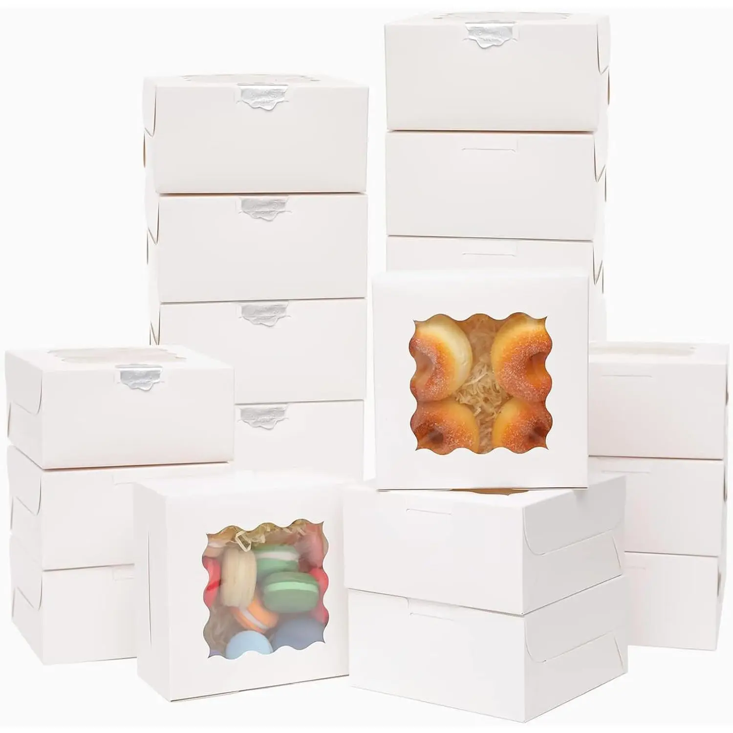60 count White Bakery Boxes with Window 6x6x3 inches Thick & Sturdy Macaroon Pastry & Cookie Boxes