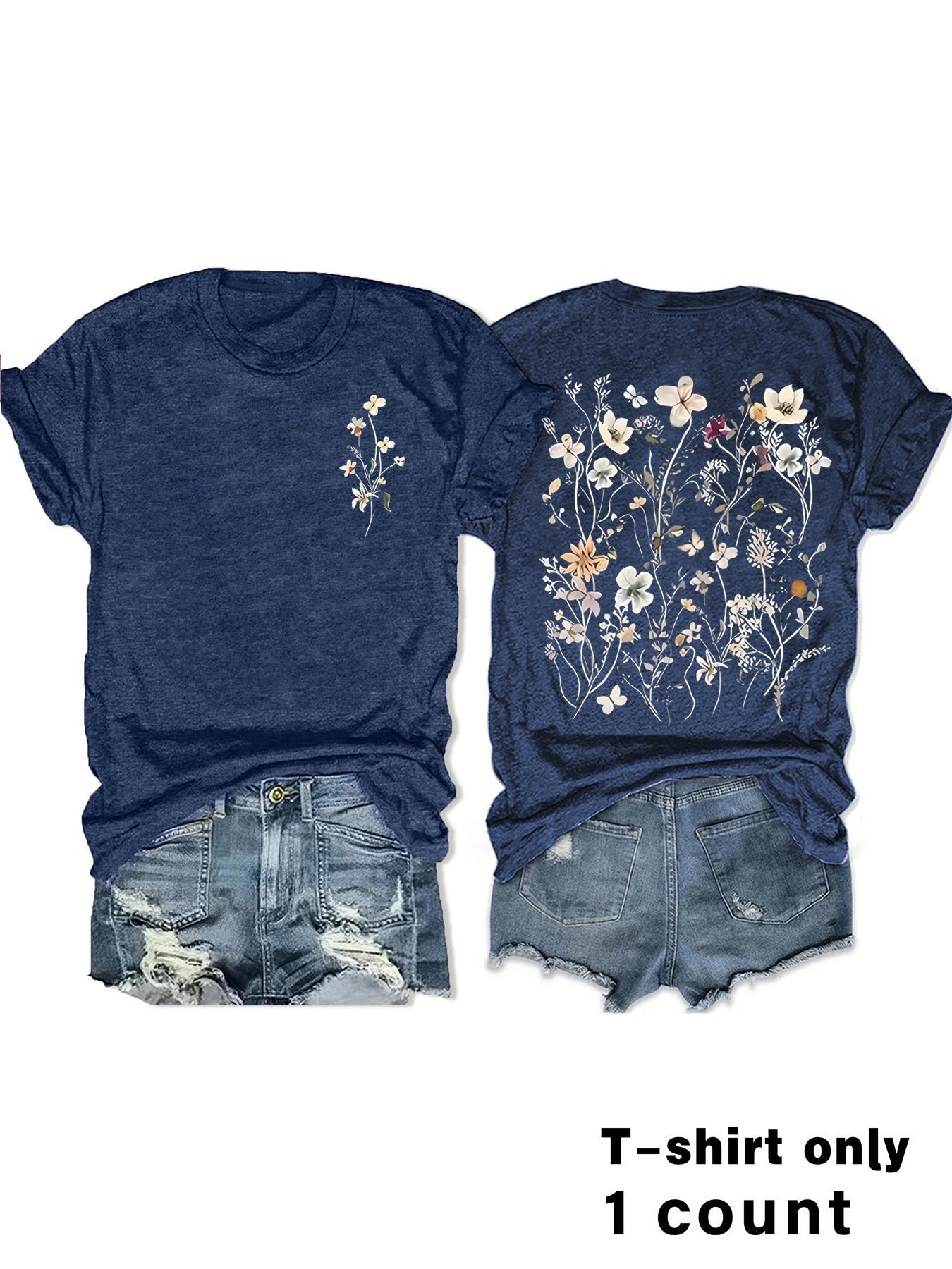 Boho Floral Print T-Shirt for Women, Vintage Style Summer Casual Top ...
