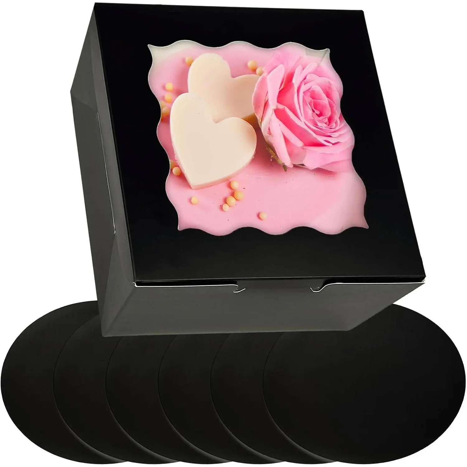 36 count 6x6x5 Inches Cake Boxes with Window 18-Packs Black 6 Inch Bakery Boxes (18 Cake Boxes +18 Cake Boards Included)