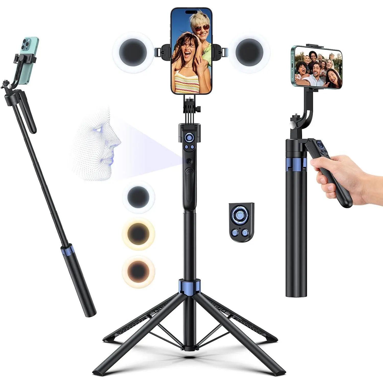 Tripod Selfie Stick with LED Light, 360° Rotating 70" Phone Camera Stand with  Remote,  for Video Recording, Live Broadcast, and Social Media Content