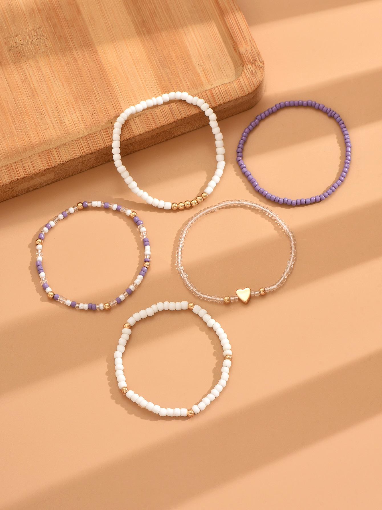 Fashion Metal Heart Beads Bracelet with Multi-color Youth Style Five-Set String Necklace for Women