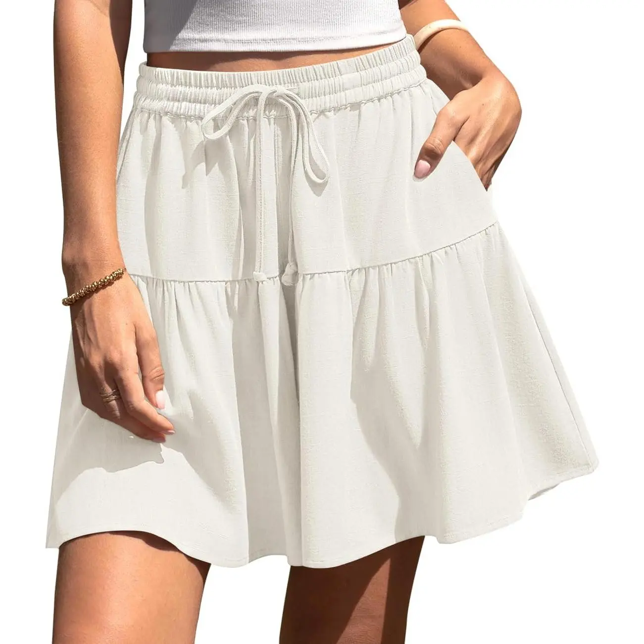 Lady's Linen Bottom - Wide-Leg Flowy Drawstring Loose-Fitting Shorts, Lightweight Women's Clothes for Summer Casual, Vacation Wear