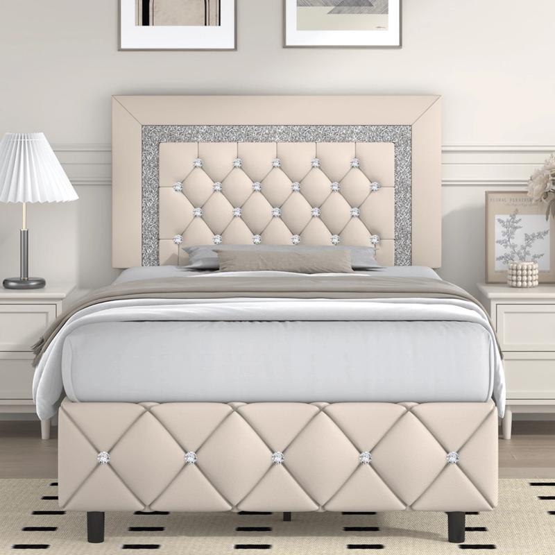 Romantic Luxury Upholstered Bed Frame with Diamond Headboard & Footboard Twin Full Queen Sizes Pearl White Beige Black Grey Pink Purple Green Modern Trendy Sturdy Anti-noise