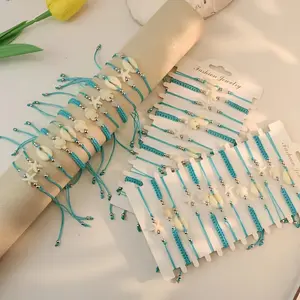 12/24Pcs Bohemian Blue Hand-Woven Rope Seashell Plastic Faux Shell Adjustable Bracelet Set - Suitable for Summer Beach Travel Daily Wear