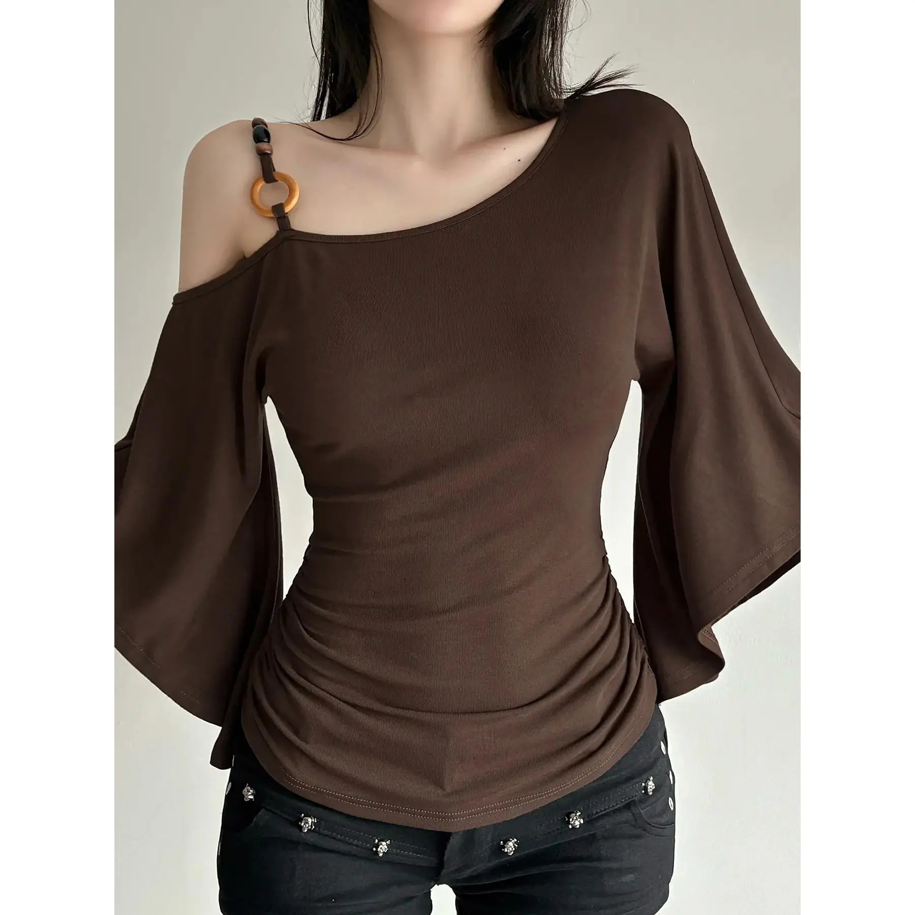 Women's Asymmetrical Beaded Blouse - Retro Ethnic Style, Flared Long Sleeves, Slim-Fit Basic Shirt for Spring & Fall