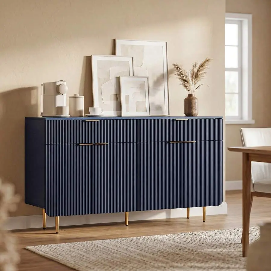 Multipurpose Sideboard Storage Cabinet,With 2 Drawers & 4 Doors, With Textured Doors,Living Room, Bedroom &,Navy Blue