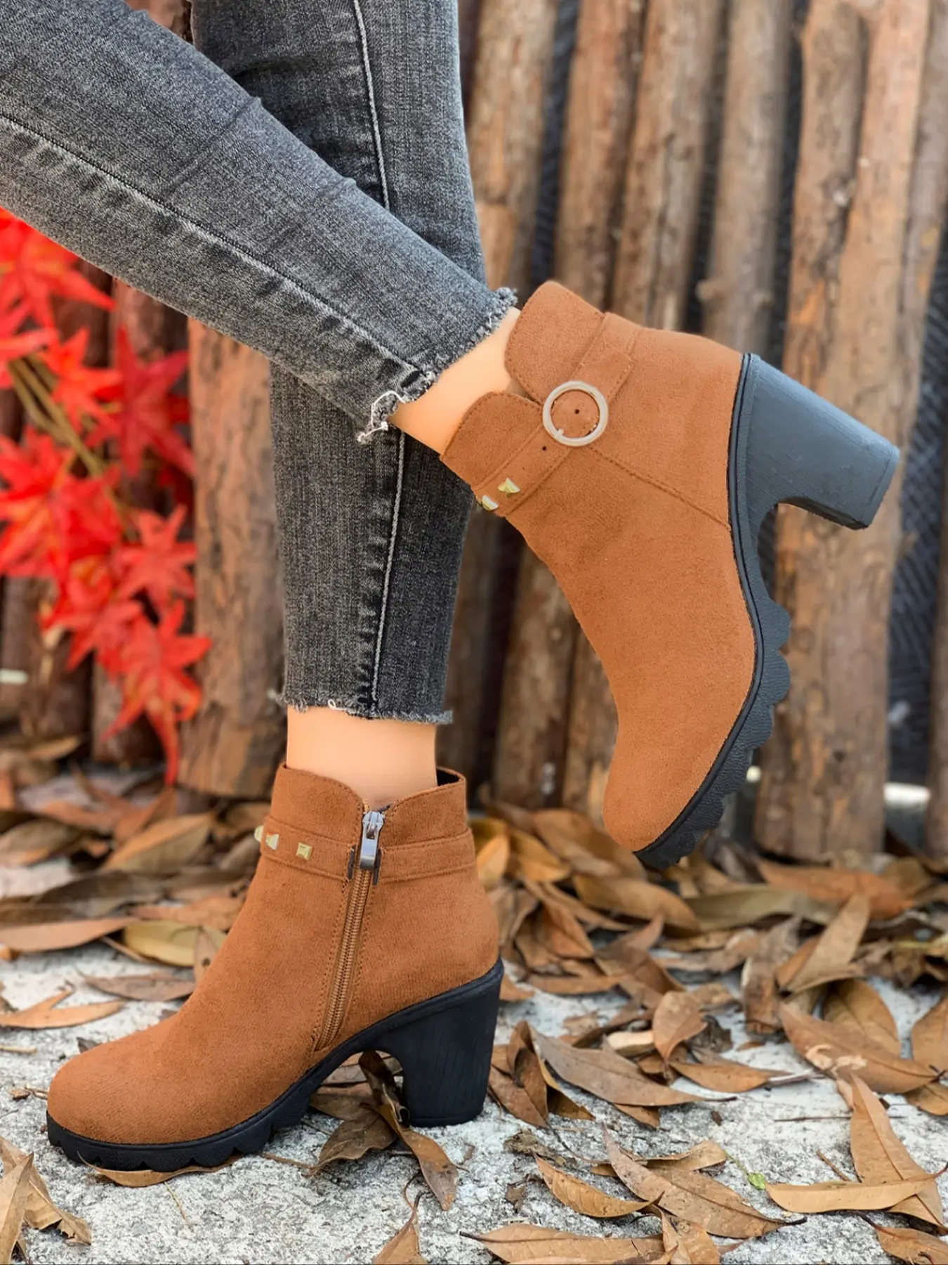 Women's Fall Winter Buckle Heeled Ankle Boots, Side Zipper Vintage Faux Fur High Heel Short Boots, Stylish & Comfortable Footwear