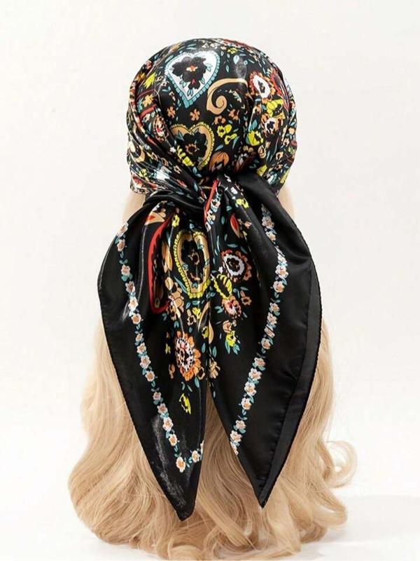 90*90 cm Floral Paisley Silk Scarf, Vintage Plain Design for Women, All-Season Fashion Shawl and Headband