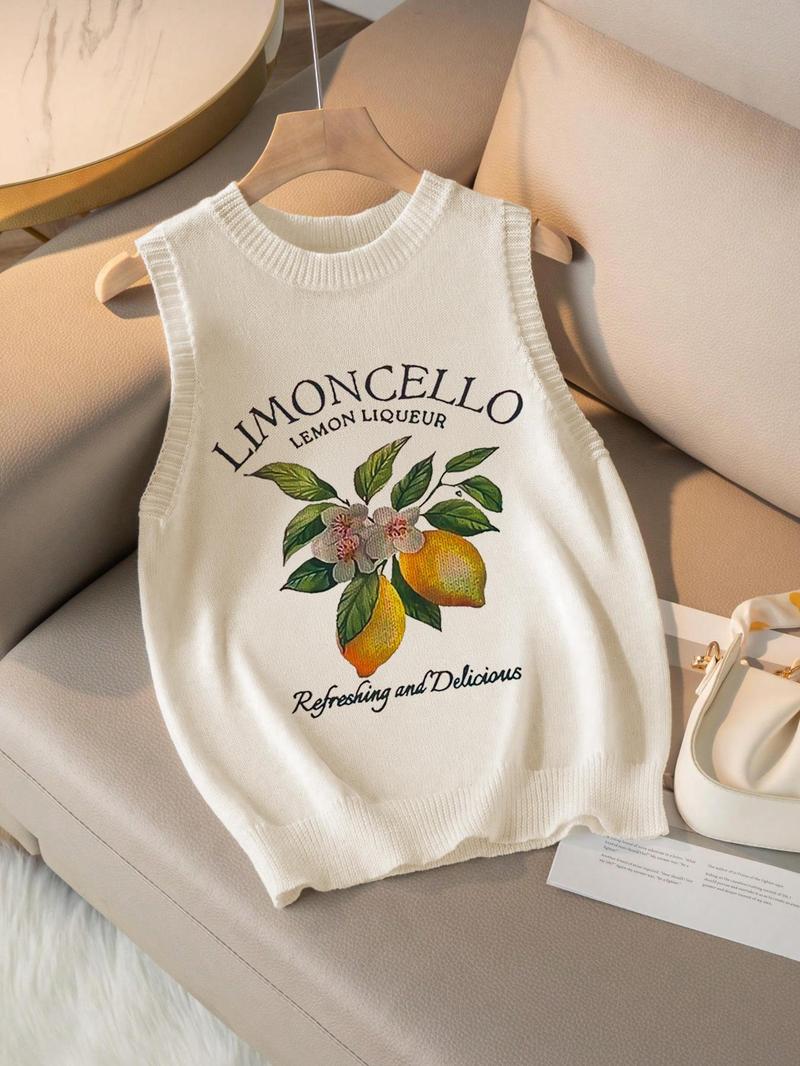 Women's Lemon Print Round Neck Sweater Vest, Casual Fitted Sleeveless Crew Neck Knit Top for Daily Wear, Ladies Clothes for All Seasons, Sleeveless Graphic Vest, Womenswear, Chic Elegant Vest