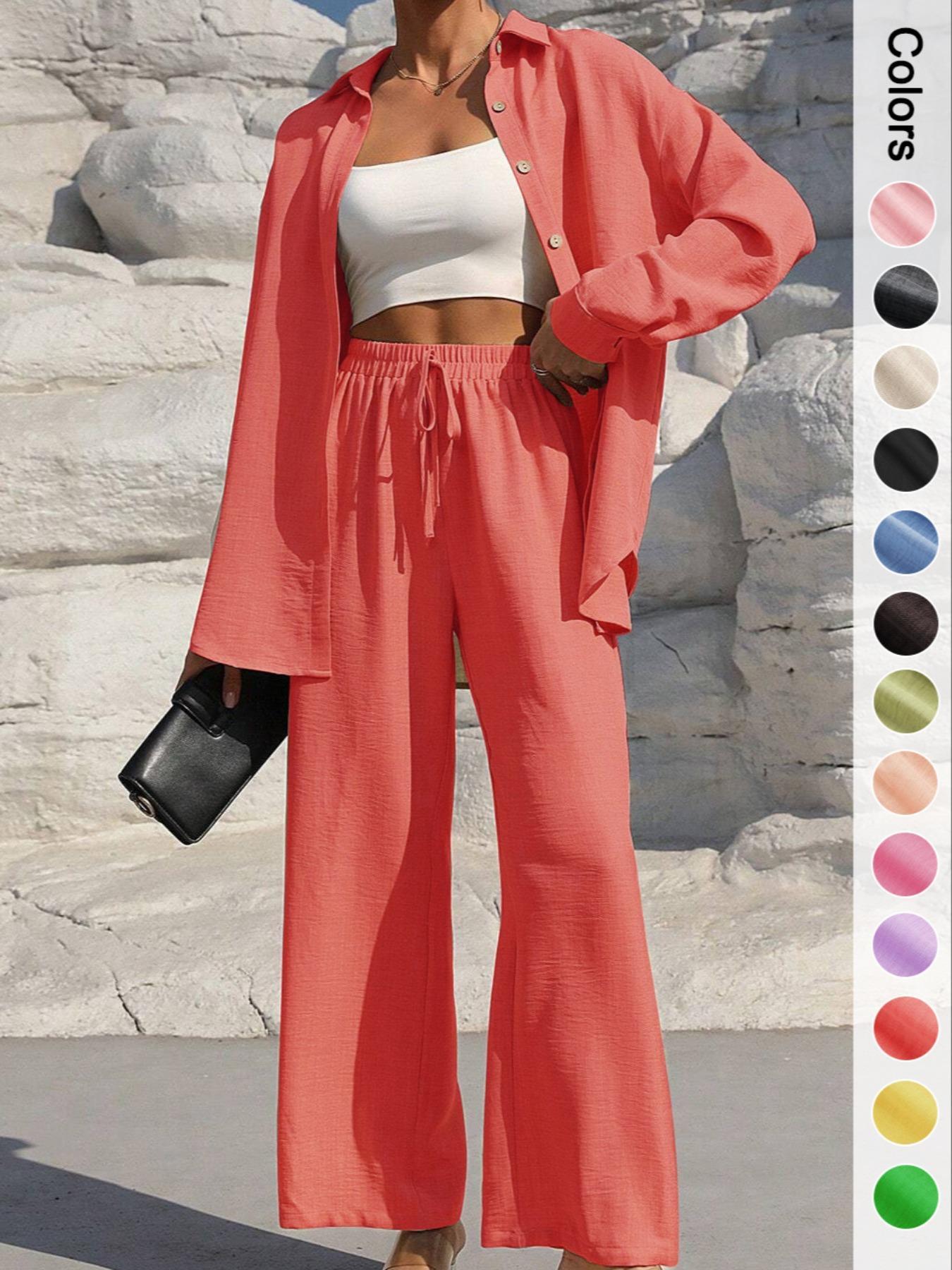 Women's Solid Button Front Shirt & Tie Front Wide Leg Pants Two-piece Set, Casual Drop Shoulder Long Sleeve Top & Trousers 2 Piece Set for Spring & Fall, Women's Clothes for Daily Wear, Loose Pant Sets, Casual Outfits Women Women's Solid Button Front Shirt & Tie Front Wide Leg Pants Two-piece Set, Casual Drop Shoulder Long Sleeve Top & Trousers 2 Piece Set for Spring & Fall, Women's Clothes for Daily Wear, Loose Pant Sets, Casual Outfits Women