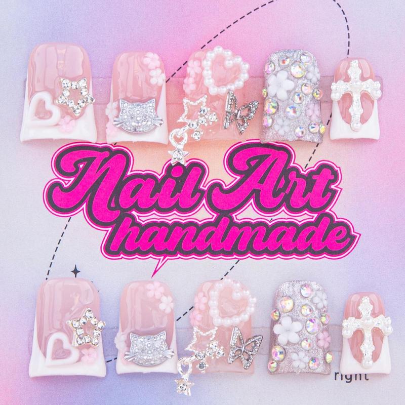 Rhinestone Decor Fake Nails with Nail File & Tape, 10pcs/set Glossy False Nails for Women Girls Nail Art, Effortless Press on Nails Manicure Set, Glitter Nails Art Kit