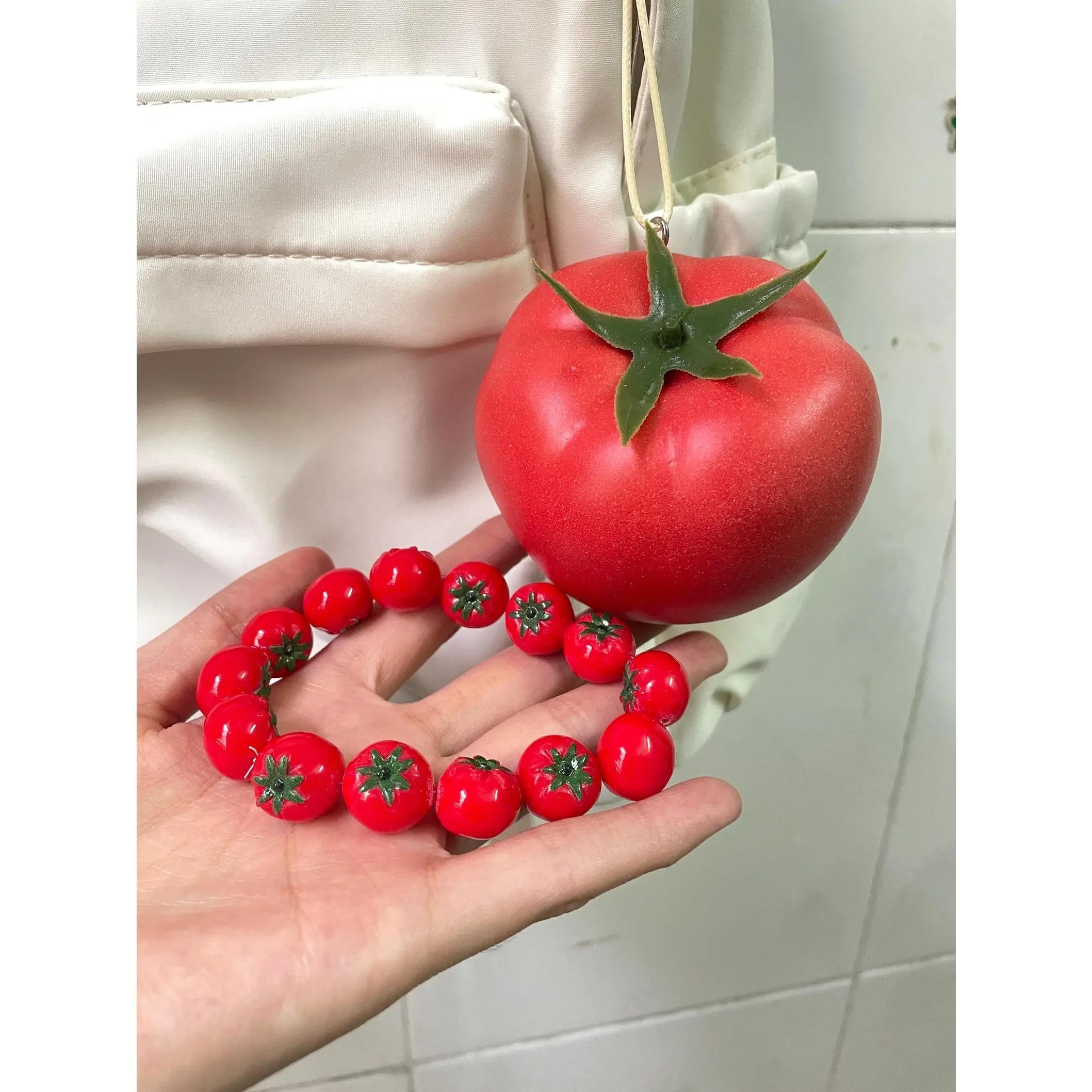 Red Tomato Bracelet, Strawberry Apple Resin Quirky Jewelry, Whimsical Beaded Mixed Variety Fruit Gift