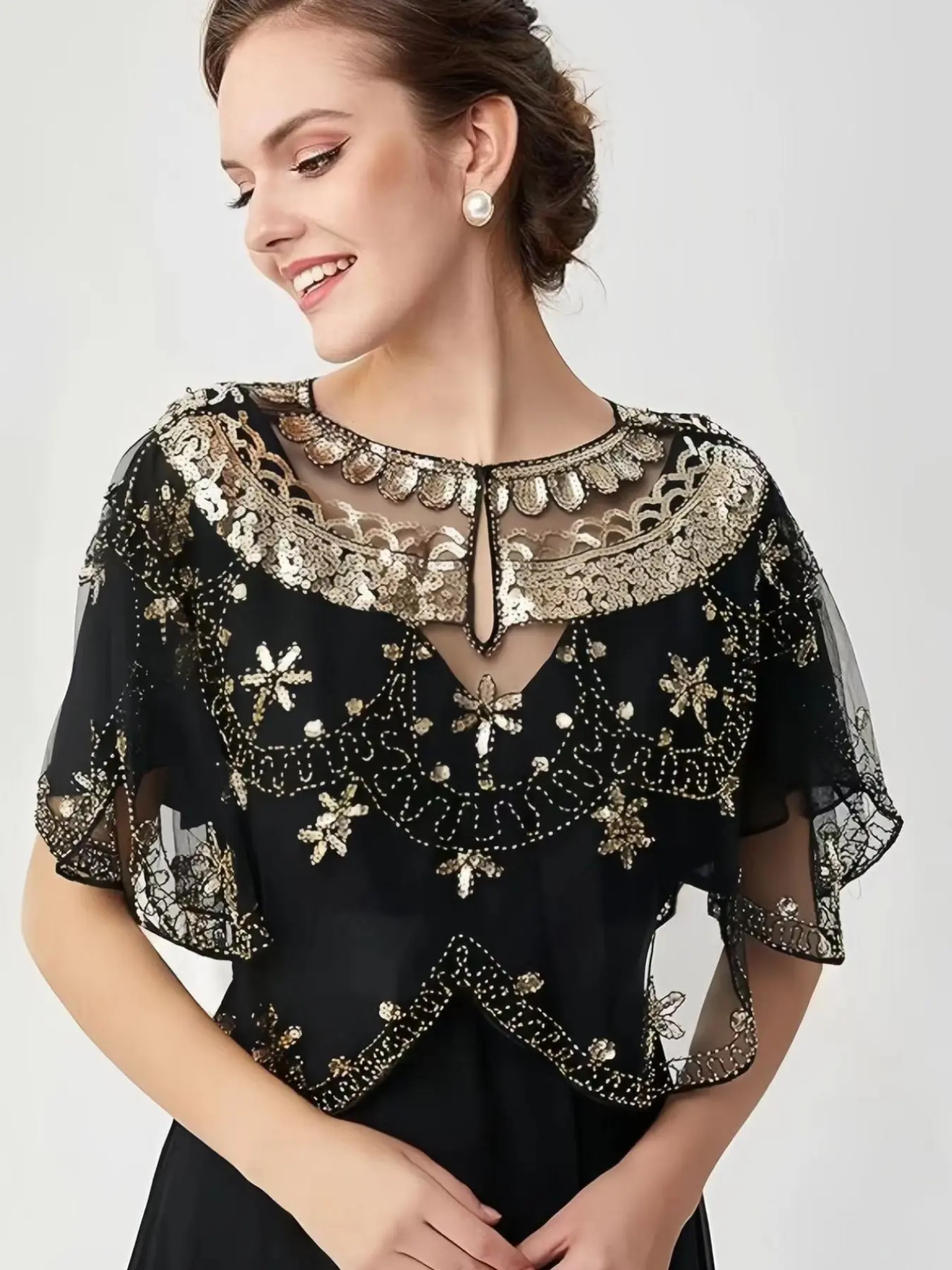 1920s Sequin Floral Embroidery Shawl, Vintage Lightweight Breathable Shawl for Women, Evening Gown Shawl, with Button Hook