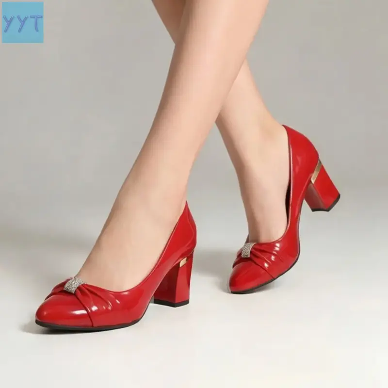 YYT1 Women's Classic Patent Leather Pumps - Round Toe Block Heel Footwear with Bow Accents, Stain-Resistant Glossy Shoes for Business Events, Formal Wear