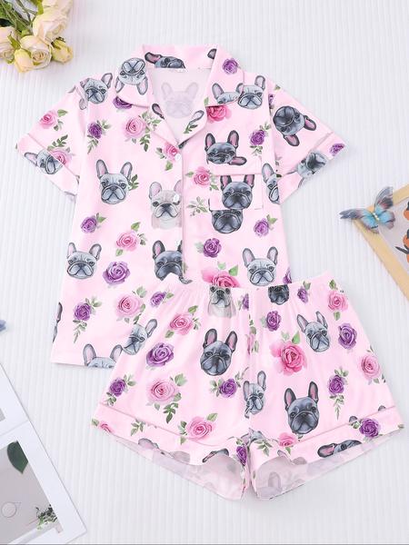 Women's  Dog and Floral  Print Shirt & Elastic Waist Shorts Pyjama Two-piece Set, Casual Comfy Short Sleeve  Top & Shorts Pj Set, Ladies Loungewear Sleepwear for All Seasons