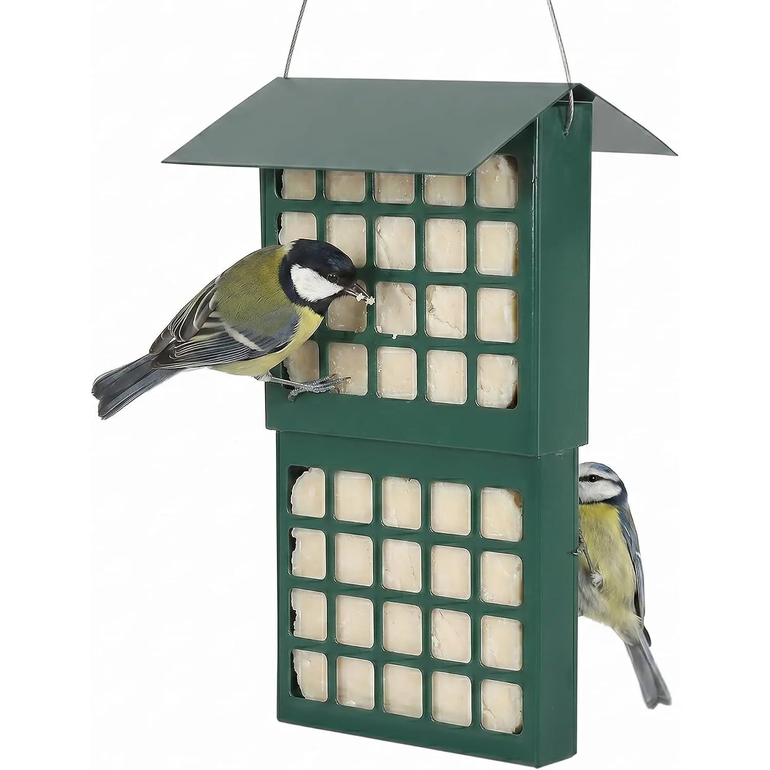 Suet Bird Feeder for Outdoors,  Metal Bird Feeder for  Birds, Heavy Duty Galvanized Steel Hangg Feeder with Slide-Top Roof, Weather Resistant, Holds 2 Suet Cakes (Green)