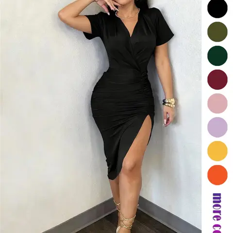 【Black Friday】Women's Elegant Short Sleeve Split Hem Bodycon Dress, Fashion Summer Dress, Perfect for Weddings and Office Wear, Party Apparel
