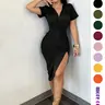 【Black Friday】Women's Elegant Short Sleeve Split Hem Bodycon Dress, Fashion Summer Dress, Perfect for Weddings and Office Wear, Party Apparel