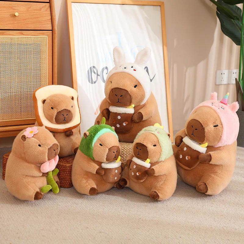Capybara Plush Toy Simulation Capibara Unicorn Dinosaur Dress Boba Bread Fruit Food Decor Birds Bubble