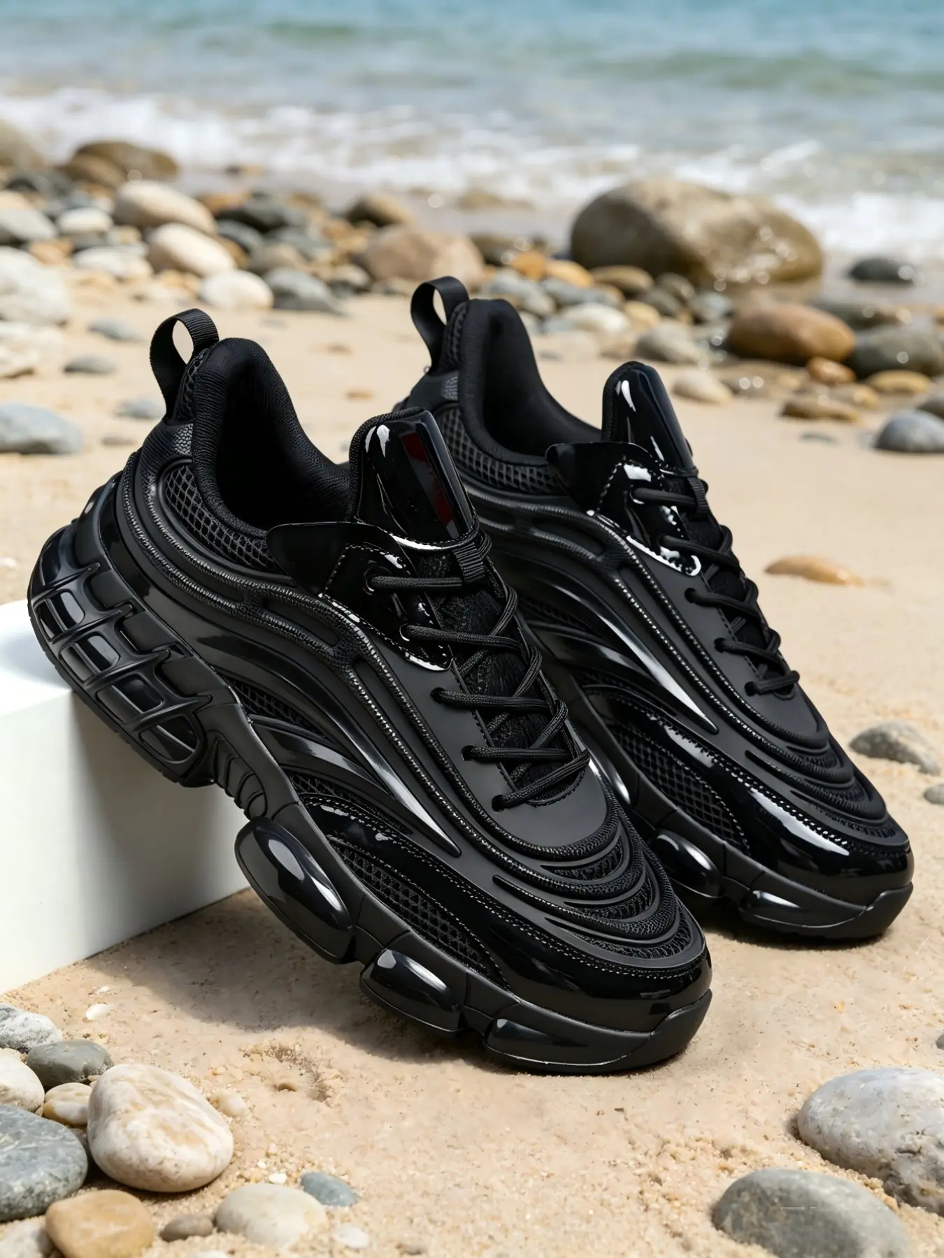 Men's Liquid Streamlined Glossy Mesh Thick Sole Dad Shoes, Lace Up Trainers, Pull Ring, Reinforced Anklet Lining, Durable Eva Sole, All Season, Sporty Style