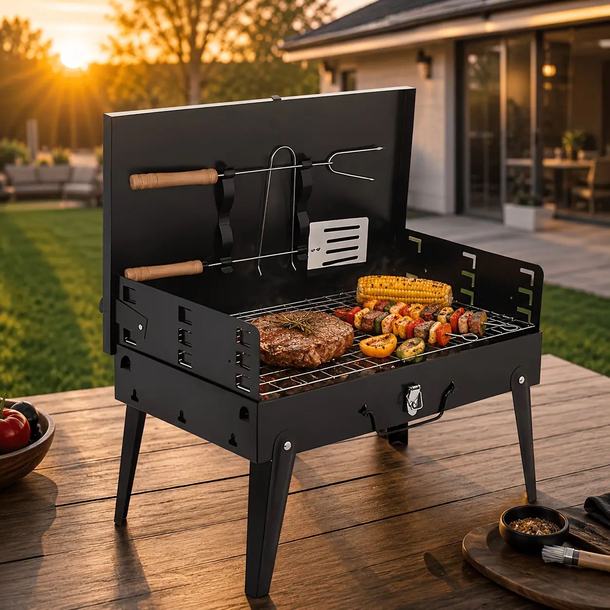 Portable Foldable Charcoal Grill - 160-Sq-In Cooking Area Mini Tabletop Grill with 2 Barbecue Tools, Black Outdoor Camping Patio Equipment