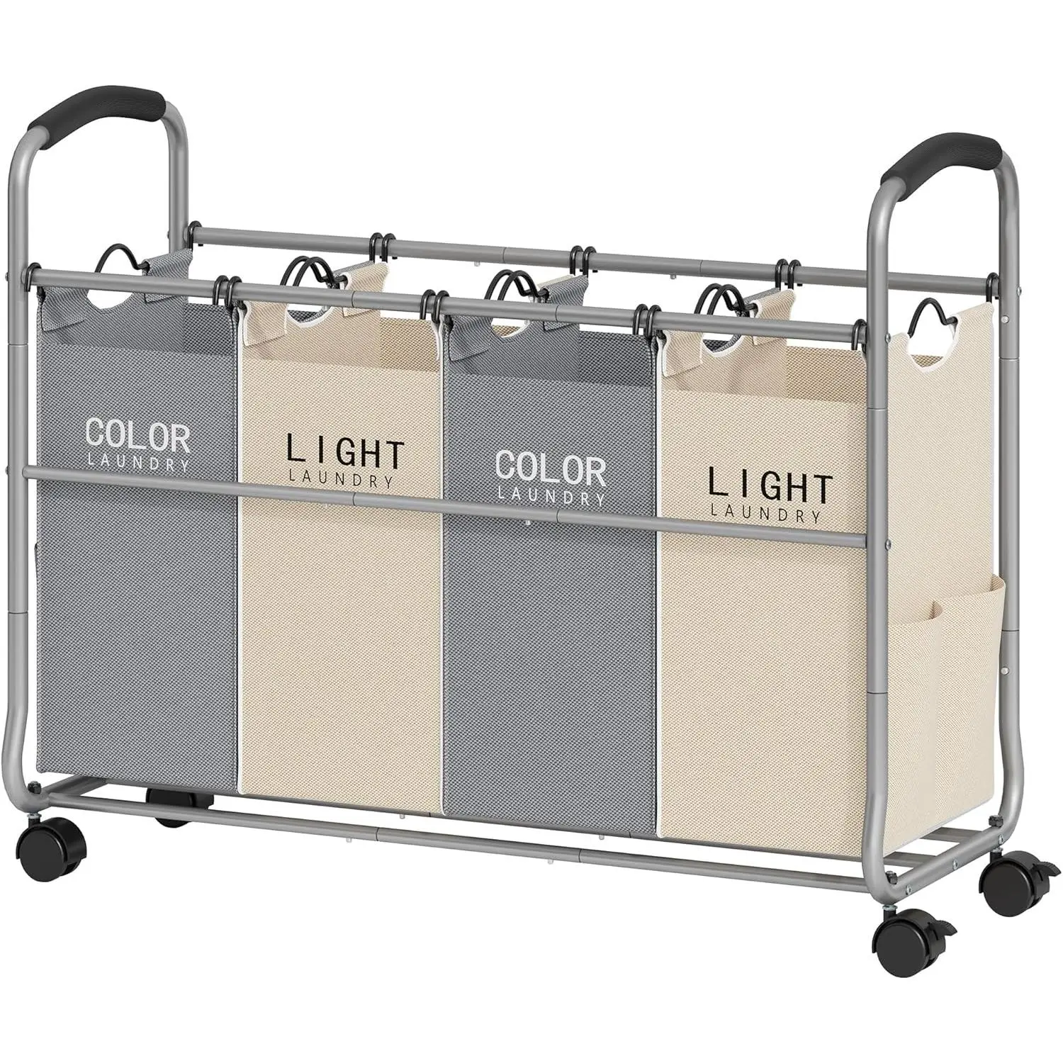 Laundry Sorter 4 Sections, Laundry Separator Hamper with Heavy Duty Lockable Rolling Wheels, Laundry Divider with Removable Bags for Dirty Clothes Storage, Beige & Grey
