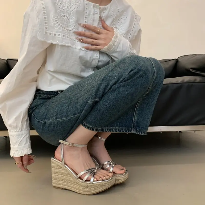 Women Crisscross Ankle Strap Espadrille Wedge Sandals, Girl Open Toe Platform High Heel Summer Versatile Roman Vacation Shoes