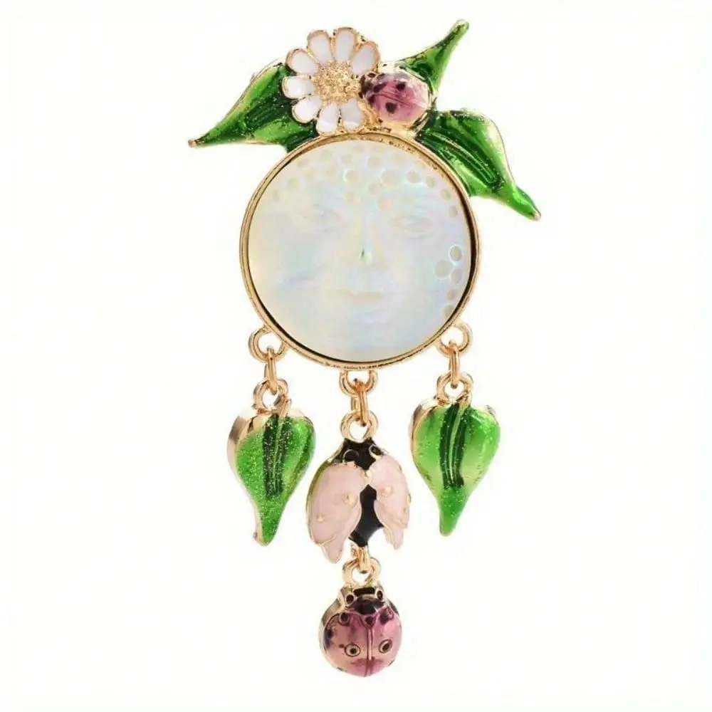 Moon Face Ladybug Tassel Enamel Brooch Unisex Gold Leaf Flower Lapel Pin Gift