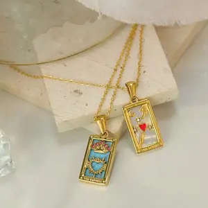 Women’s Rectangular Tarot Card Pendant Necklace – Enamel & Cubic Zirconia Inlaid Mystic Charm Jewelry, Spiritual Fashion Necklace for Daily Wear, Gift & Costume Styling