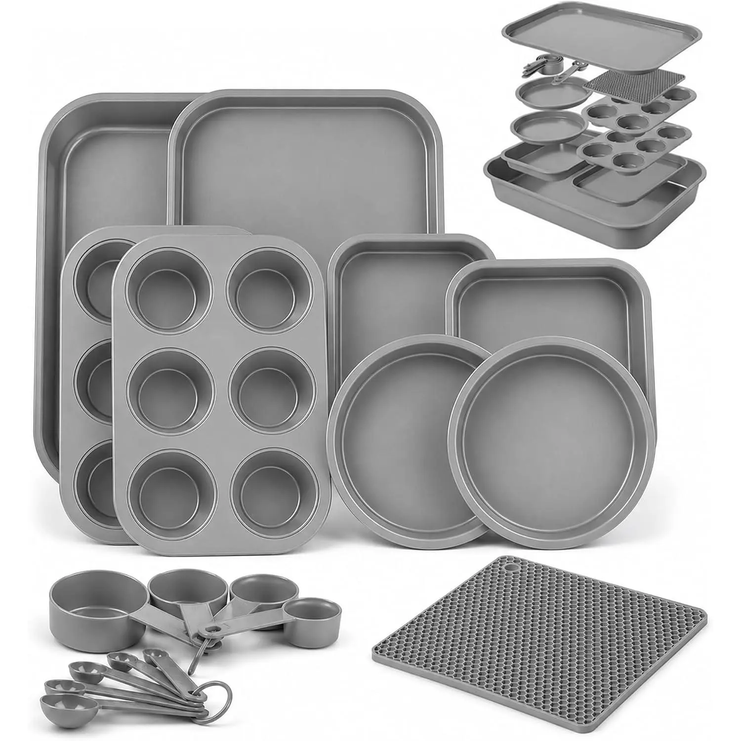 11- -in- Nesting Bakeware Set - Space-Saving Stackable Nonstick Carbon Steel Baking Pans Set, PFOA-Free, Cookie Sheet, Roasting Pan, Square, 2 Muffin & 2 Cake Pans