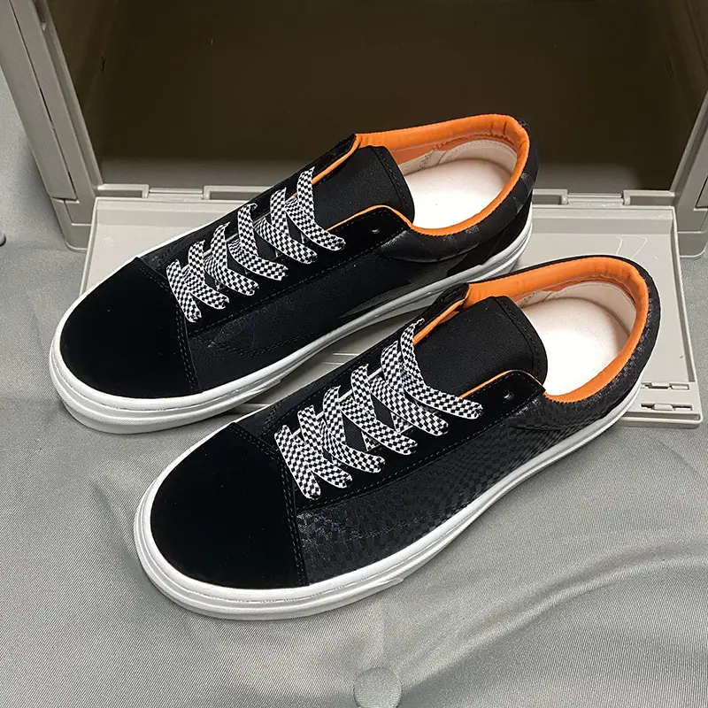 Black Suede Grid Texture Patchwork Platform Skate Sneakers Unisex, Black White Checkered Laces Orange Lining Street Low Top Casual Board Shoes