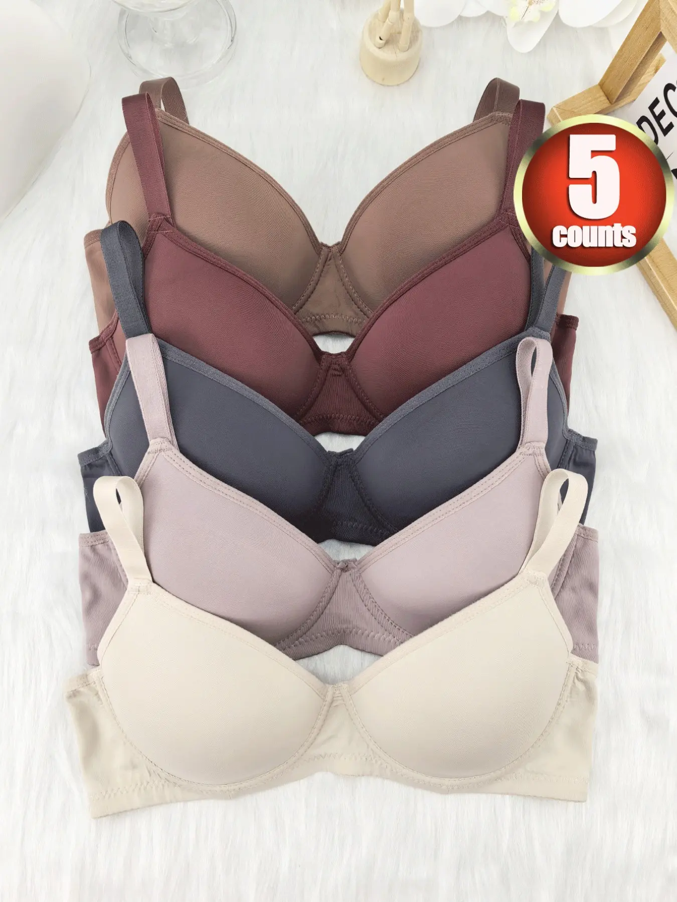 5-Pack Women's Bralettes, Push-Up Lifted Bras, High Support Non-Slip Comfortable Breathable, Elegant Fitted Design for All Seasons