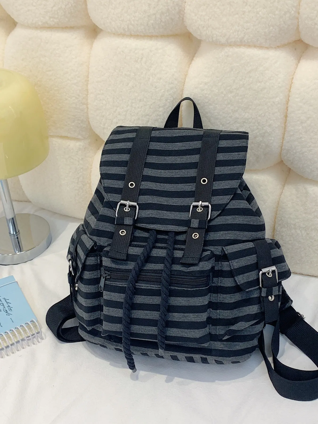 Vintage Striped Canvas Backpack for Teen Girls - Washed Retro School Bag with Multi Compartments, Aesthetic Bookbag for Junior High to College Students, Casual Daypack Backpacks
